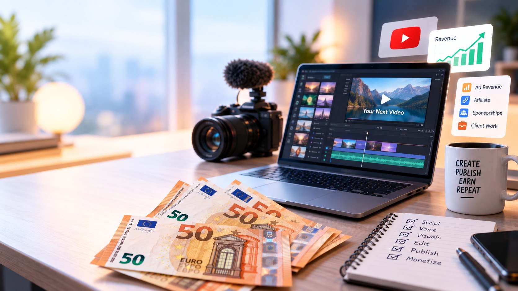 Chronologie de montage vidéo sur ordinateur portable, avec une vidéo générée par IA découpée à côté d'un graphique de revenus YouTube et des étiquettes publicité, affiliation, partenariat et clients.